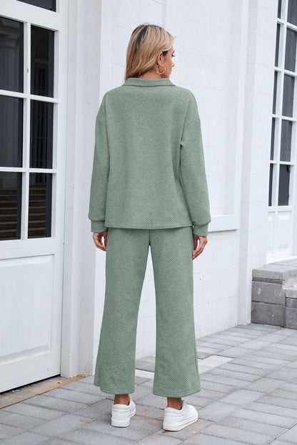 Women's Lounge Set Long Sleeve Collar Top Wide Leg Pants