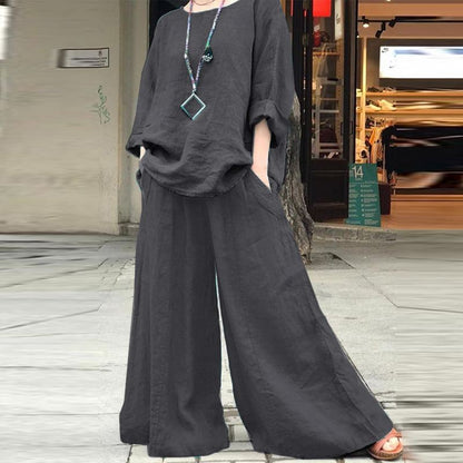 Linen Blend Two Piece Set with Wide Leg Pants