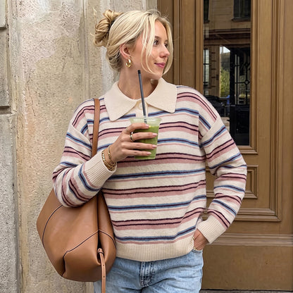 Striped Knit Polo Sweater Long Sleeve Relaxed Pullover