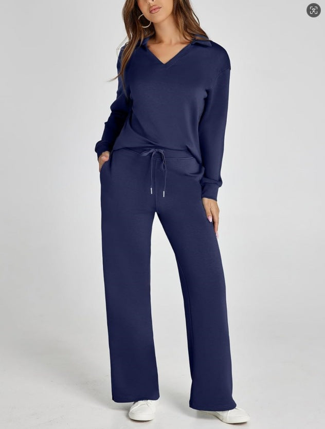 Women’s V Neck Two Piece Set Wide Leg Pants Outfit