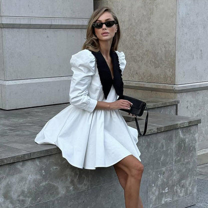 Women's Contrast Collar Puff Sleeve A-Line Mini Dress