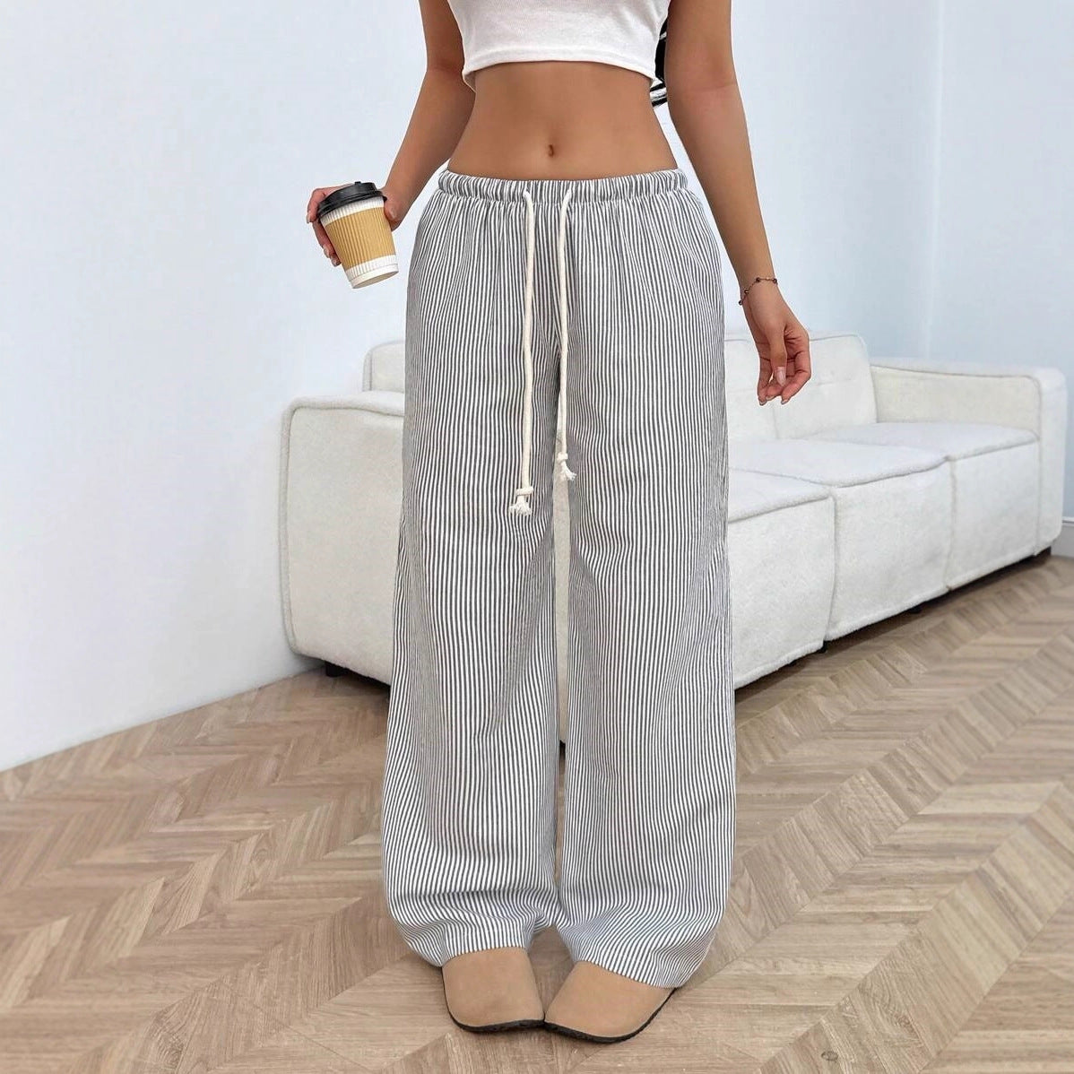 Womens Striped Wide Leg Pants Drawstring Casual Loose