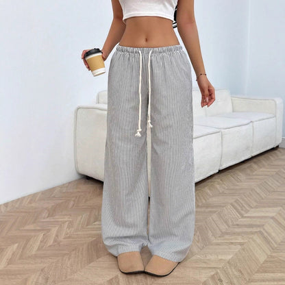 Womens Striped Wide Leg Pants Drawstring Casual Loose