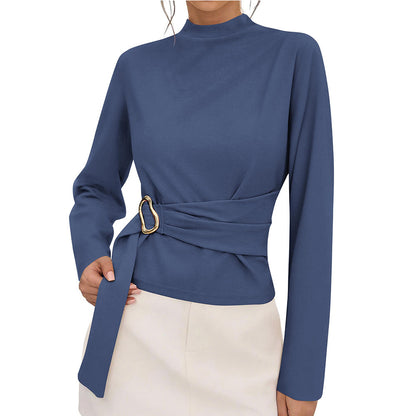 Burgundy Belted Mock Neck Slim Fit Long Sleeve Top