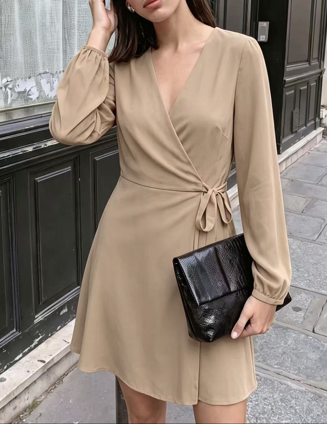 V-Neck Wrap Dress Long Puff Sleeve Tie Waist A-Line