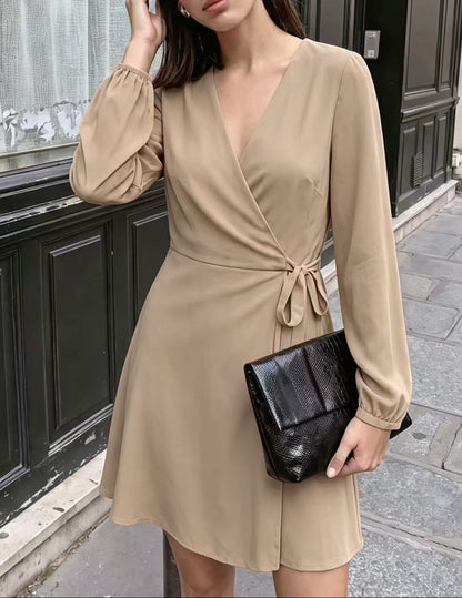 V-Neck Wrap Dress Long Puff Sleeve Tie Waist A-Line