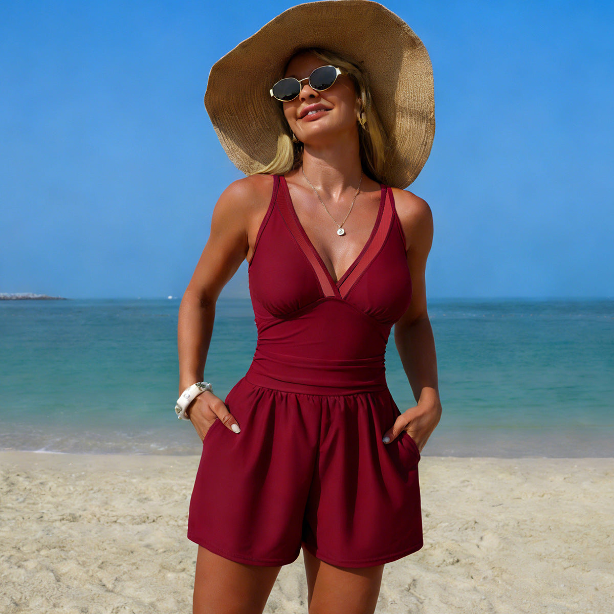 Solid Color One-Piece Swimsuit with Pockets Sporty Modest Swimwear