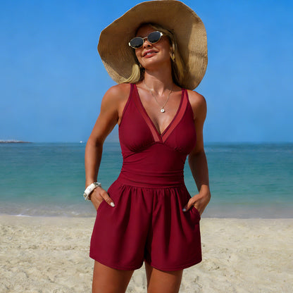 Solid Color One-Piece Swimsuit with Pockets Sporty Modest Swimwear