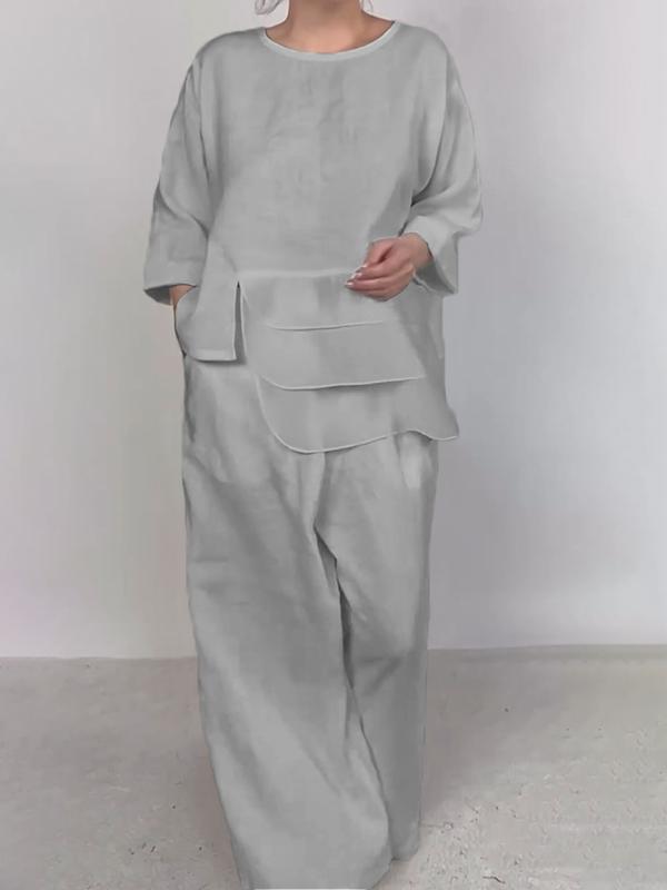 Satin Layered Top Wide Leg Pants Two Piece Set
