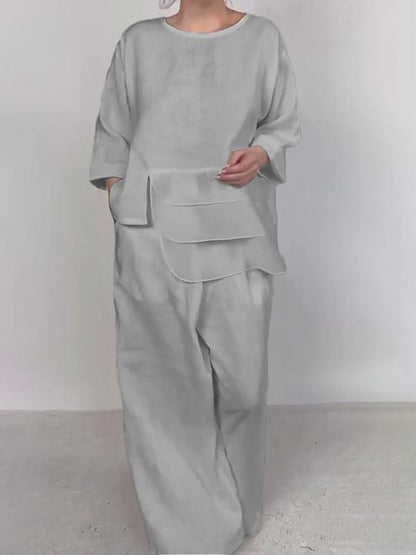 Satin Layered Top Wide Leg Pants Two Piece Set