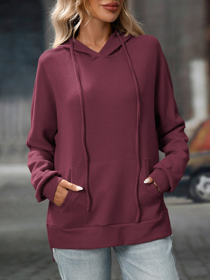 Womens Waffle Knit Hoodie Pullover Casual Pocket Top