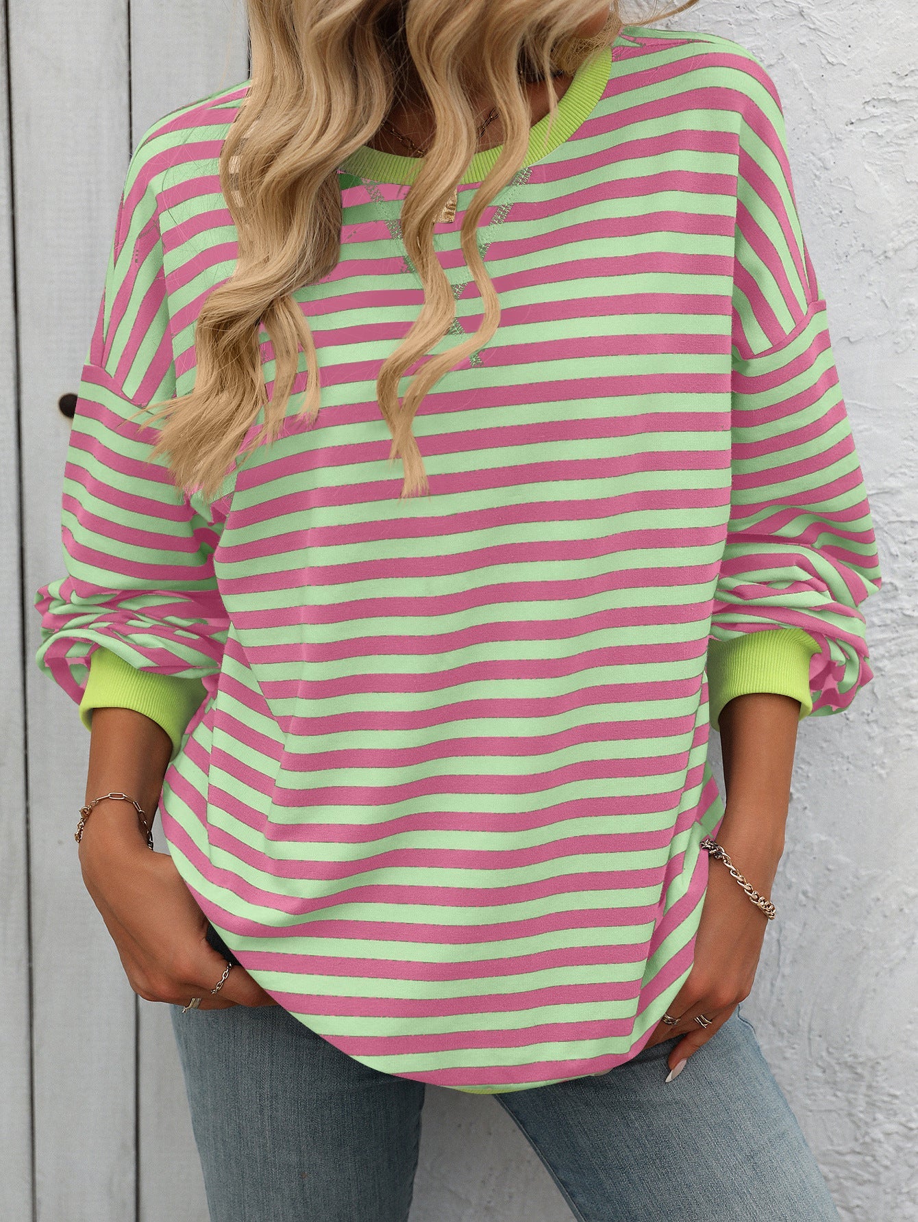 Striped Crew Neck Sweatshirt Loose Fit Casual Sweater for Woman