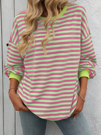 Striped Crew Neck Sweatshirt Loose Fit Casual Sweater for Woman