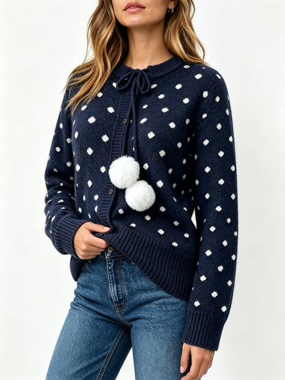 Women's Polka Dot Pom Pom Oversized Knit Cardigan