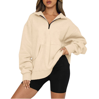 Women Oversized Half Zip Sweatshirt Fleece Pullover Pocket