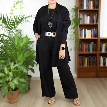 Women 3 Piece Solid Knit Lounge Set Cardigan Top Pants