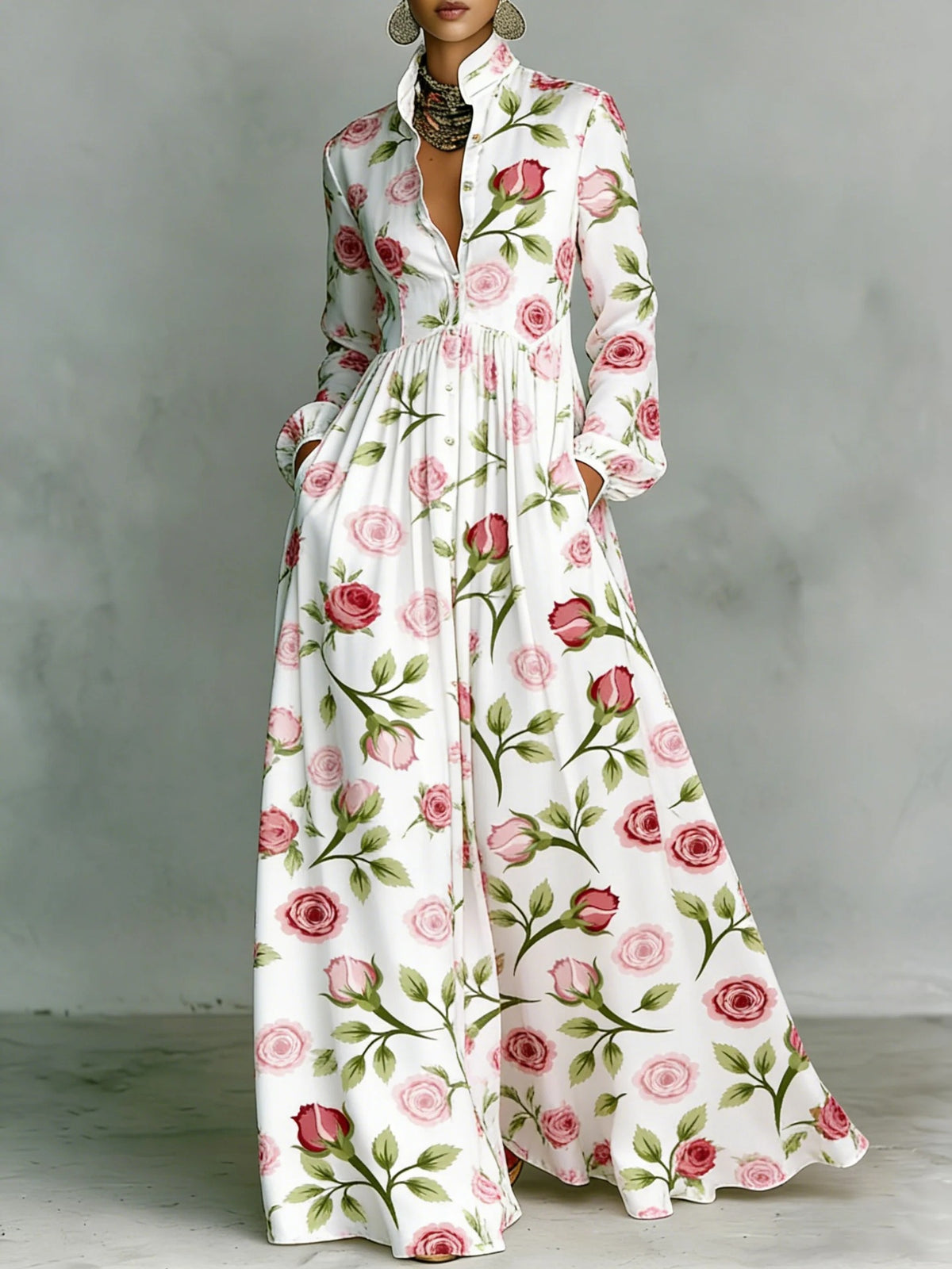 Boho Floral Maxi Dress Long Sleeve Button Down Pleated
