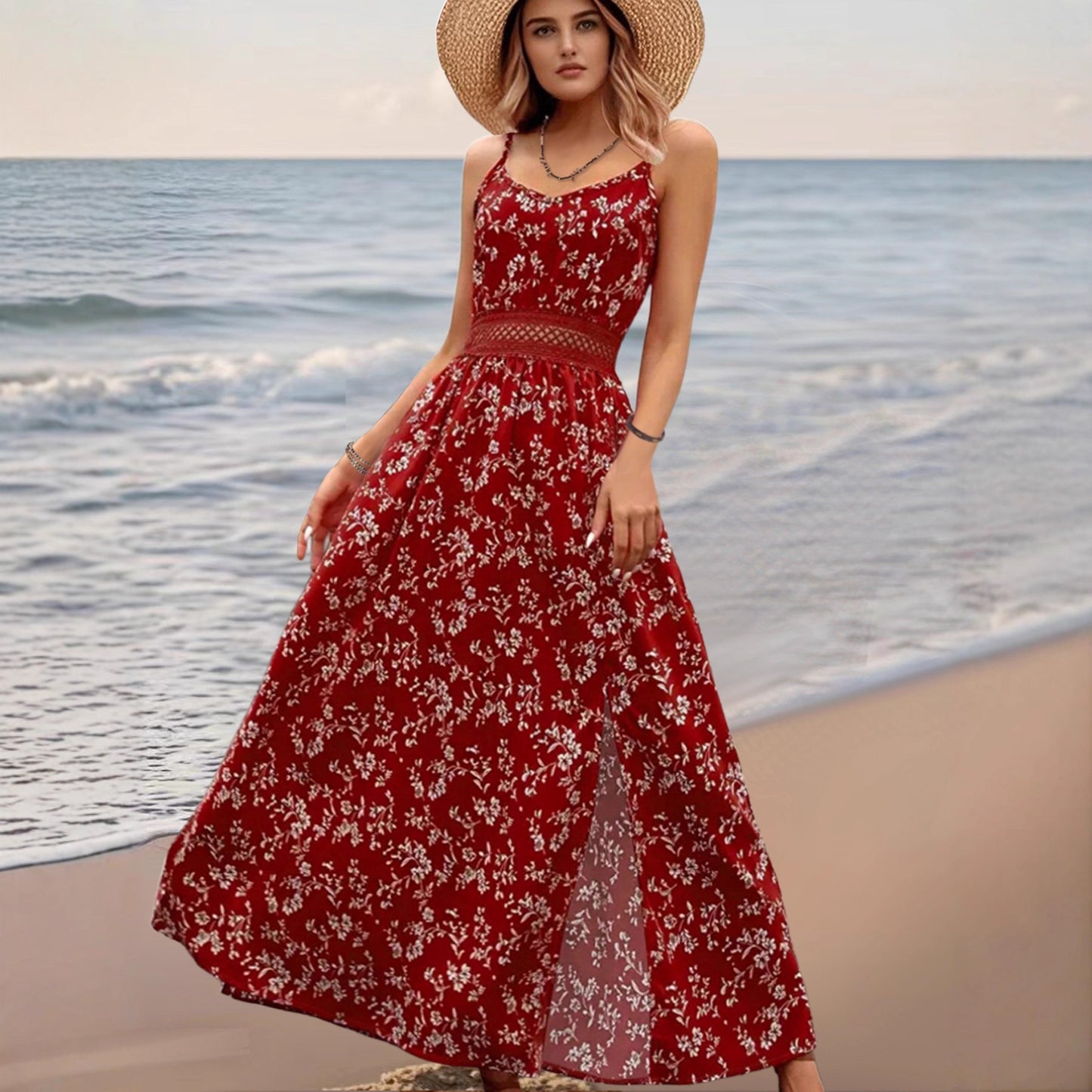 Floral Split V-Neck Spaghetti Strap Maxi Dress for Summer