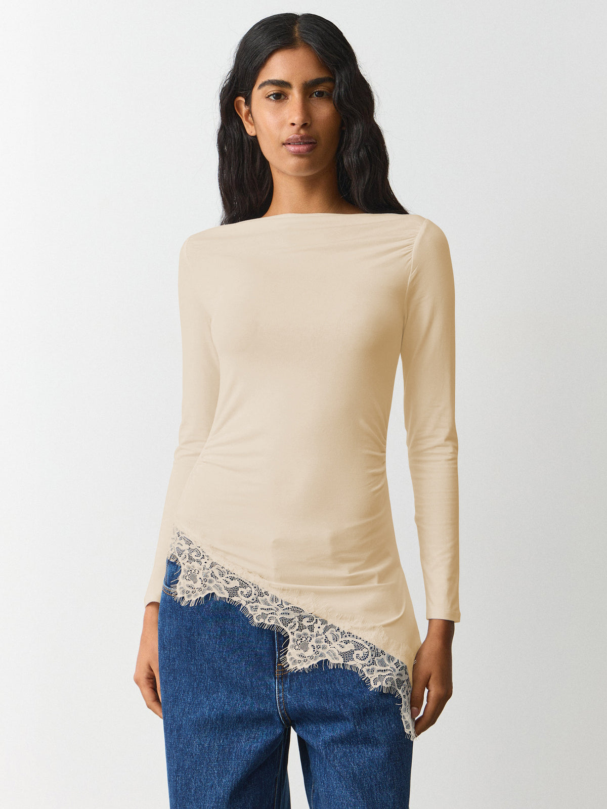 Lace Trim Long Sleeve Fitted Sexy Going Out Top