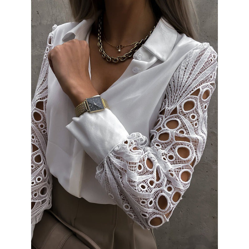 Women's Crochet Lace Sleeve Button Down Blouse