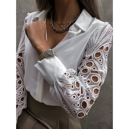 Women's Crochet Lace Sleeve Button Down Blouse