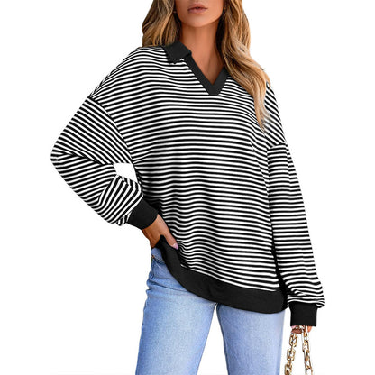 Women's Striped V-Neck Collared Long Sleeve Sweatshirt