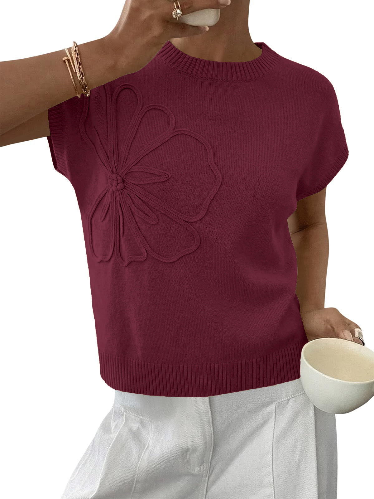 Floral Knit Sweater Short Sleeve Textured Summer Top