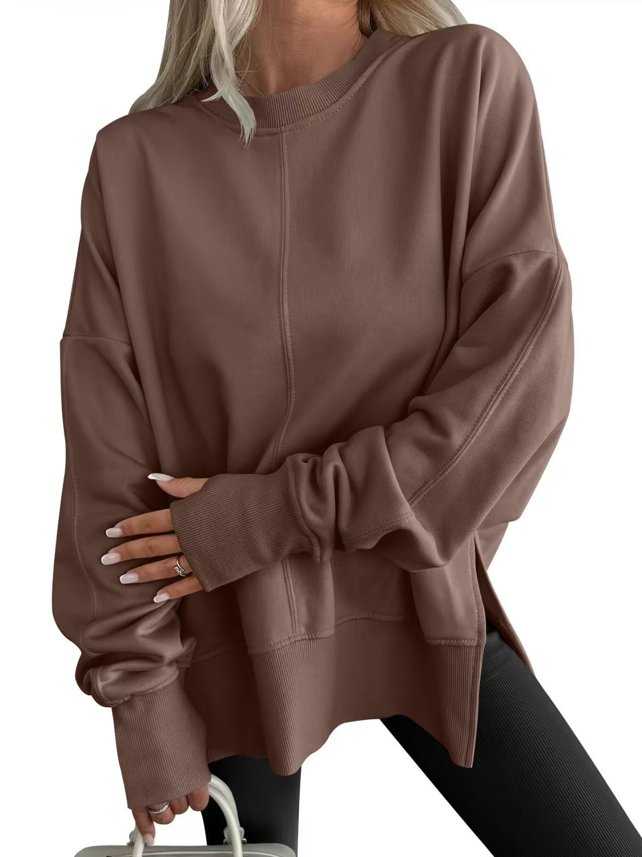 Oversized Crewneck Sweatshirt Batwing Side Slit Fleece