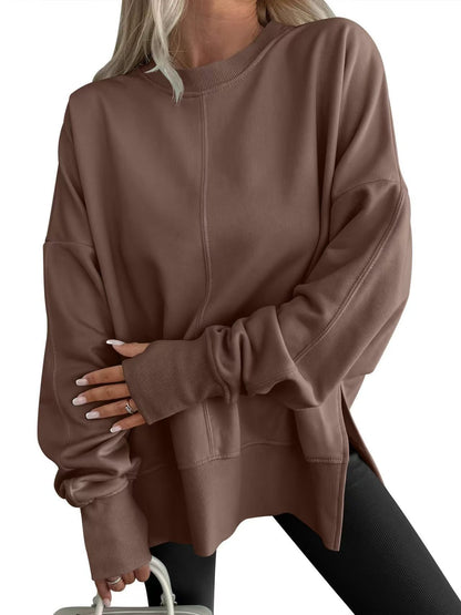 Oversized Crewneck Sweatshirt Batwing Side Slit Fleece