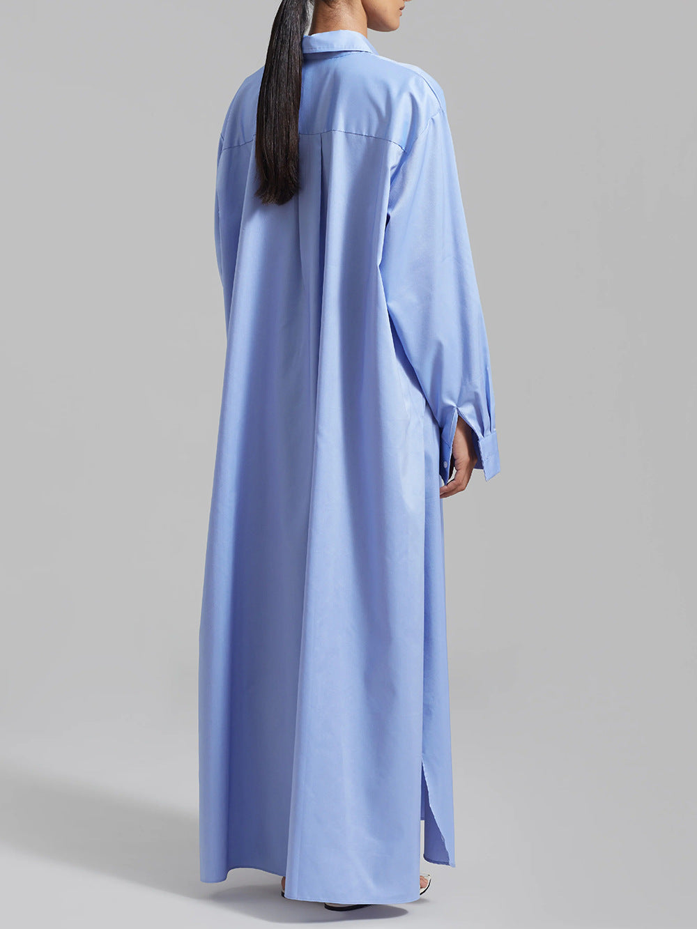 Cotton Maxi Shirt Dress Long Sleeve Collared Slit