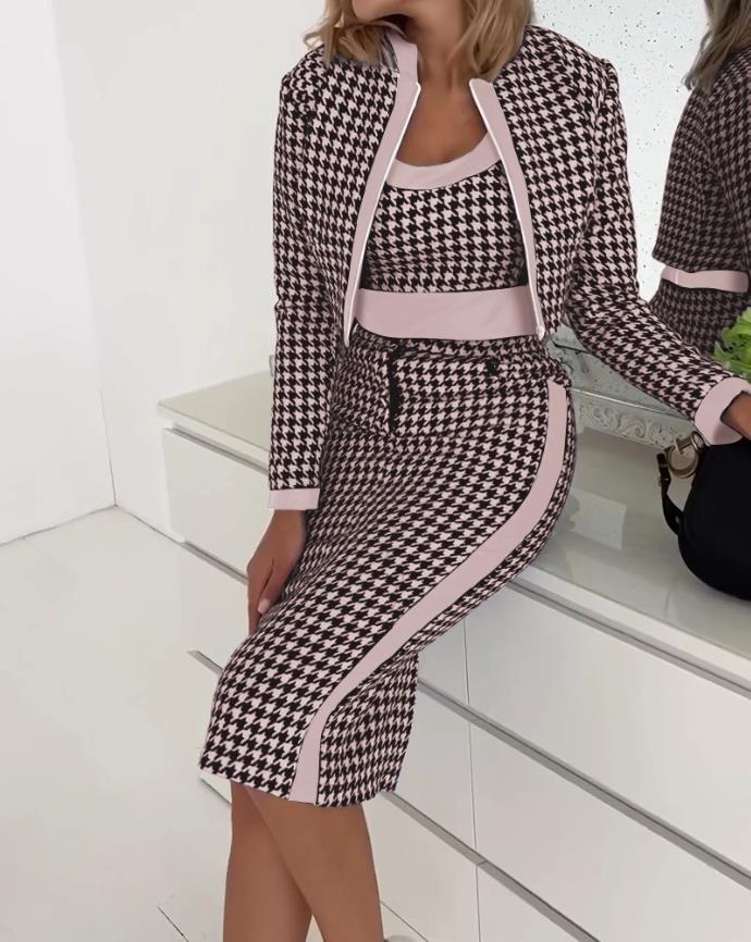 Women's Houndstooth 3 Piece Skirt Set Long Sleeve