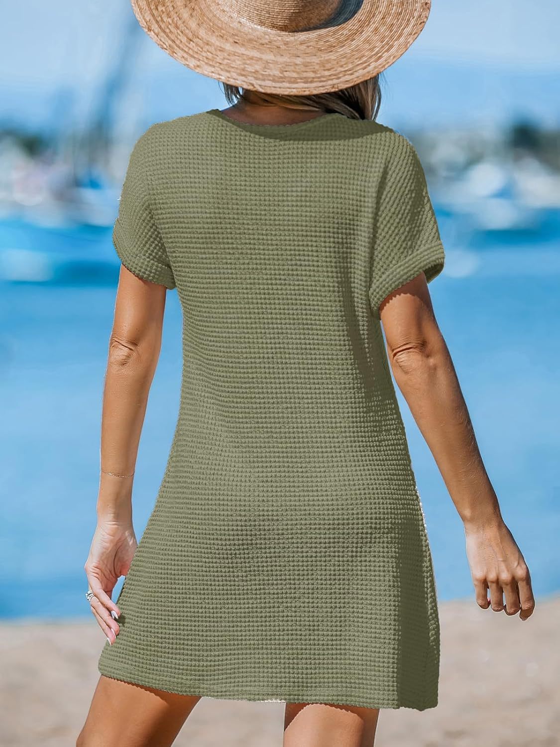 Waffle Knit V-Neck Short Sleeve Beach Cover Up Dress