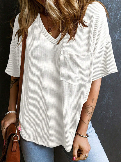 Women’s Ribbed V Neck Short Sleeve Pocket Tee