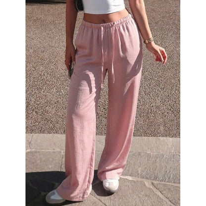 Women Wide Leg Pants Drawstring Elastic Waist Pockets