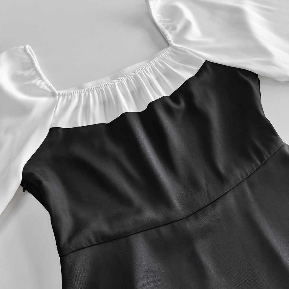 Black White Square Neck Puff Sleeve Ruffle A-Line Dress