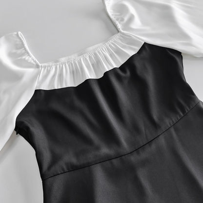 Black White Square Neck Puff Sleeve Ruffle A-Line Dress
