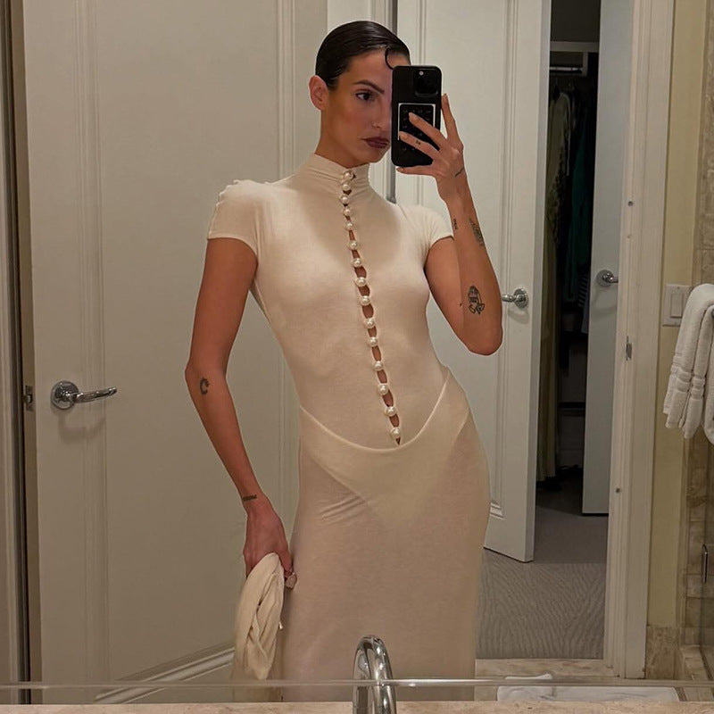 Mock Neck Cutout Bodycon Maxi Dress Short Sleeve