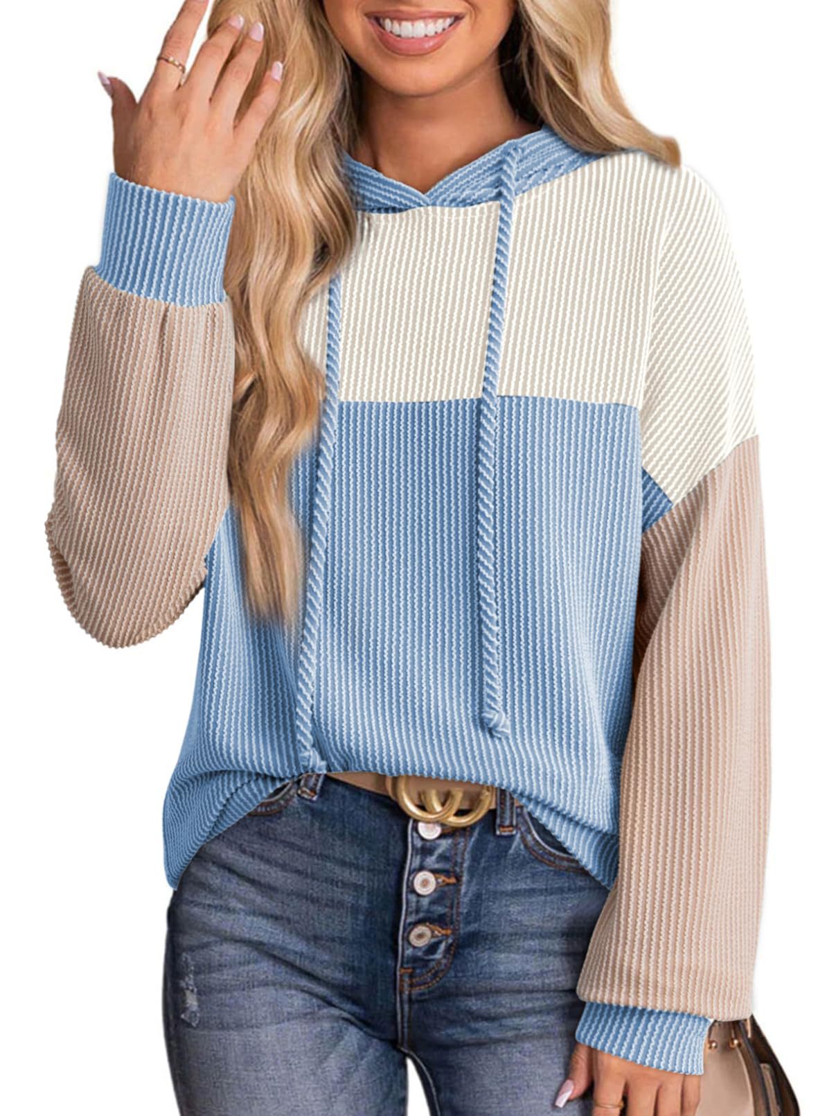 Color Block Ribbed Knit Hoodie Long Sleeve Sweatshirt