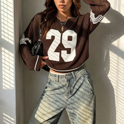 Women's Oversized Graphic Number Mesh Sweater Streetwear