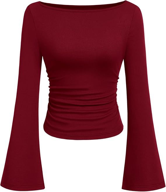 Women's Ruched Boat Neck Bell Sleeve Ribbed Top