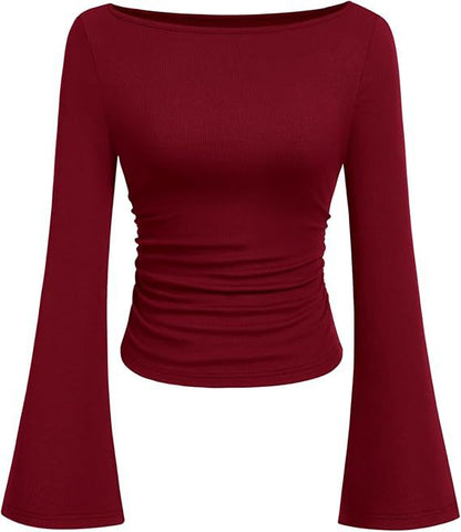 Women's Ruched Boat Neck Bell Sleeve Ribbed Top