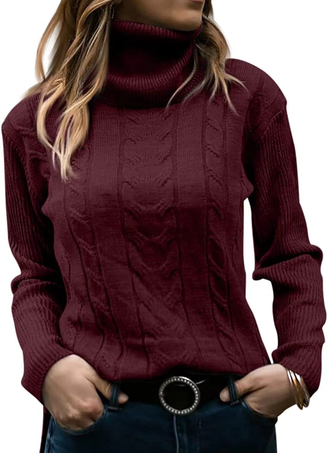 Women's Cable Knit Turtleneck Sweater Slim Fit Pullover