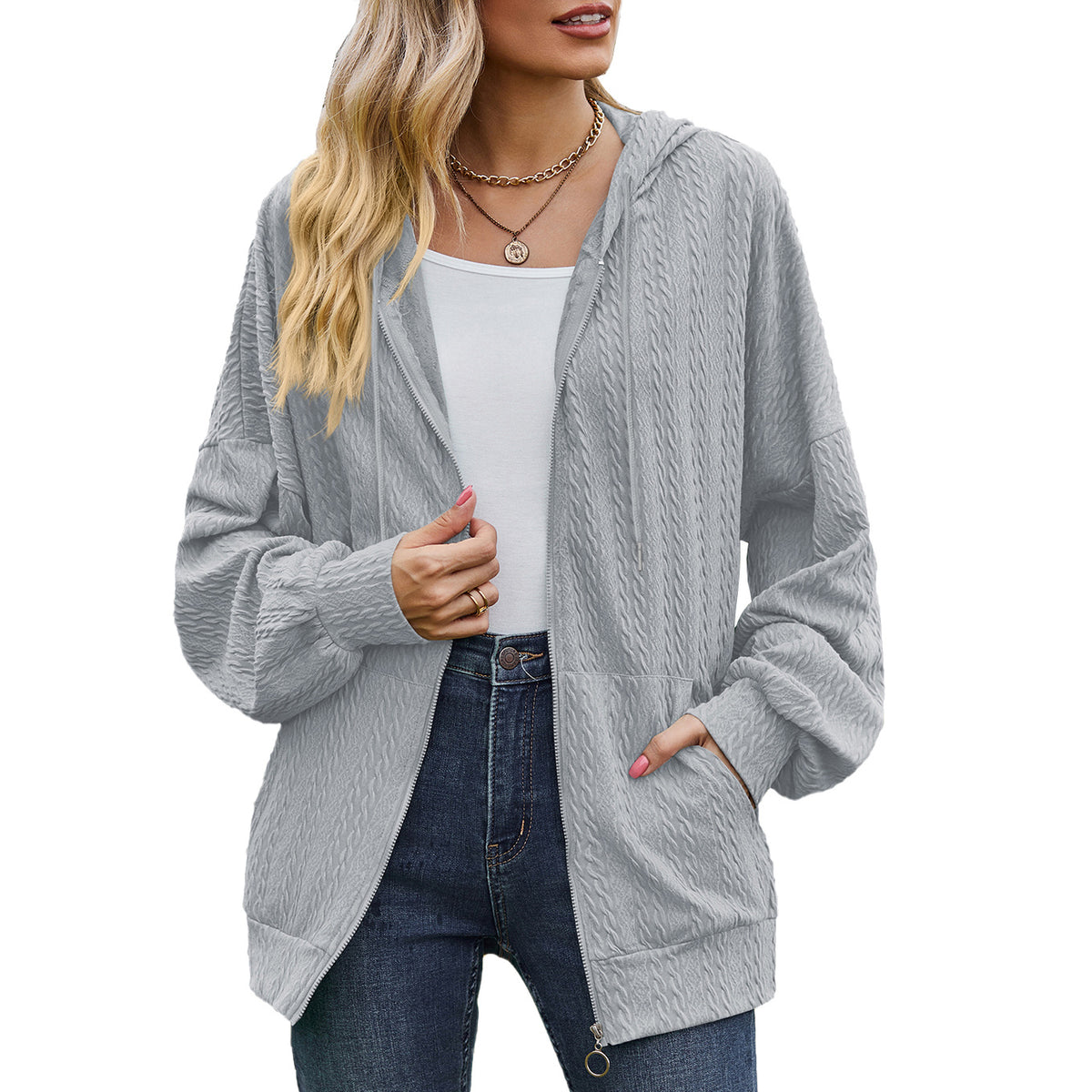 Oversized Textured Zip-Up Hoodie Jacket Pockets