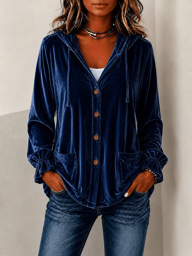 Women's Velvet Hooded Button Down Jacket