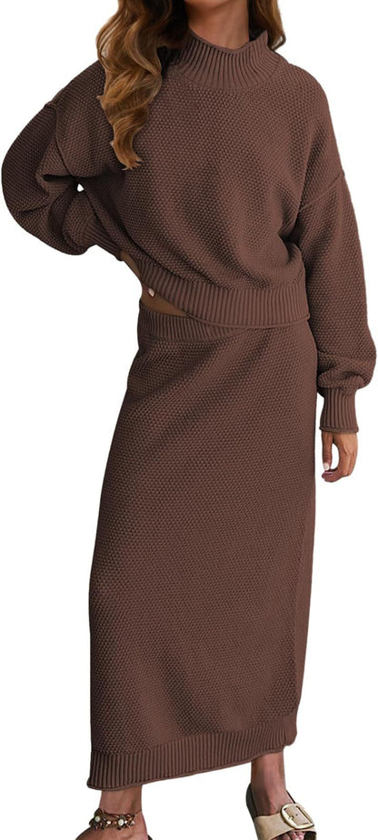 Women's Knit Two Piece Set Mock Neck Sweater Midi Skirt