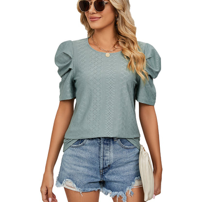 Textured Puff Sleeve Knit Top with Crew Neck