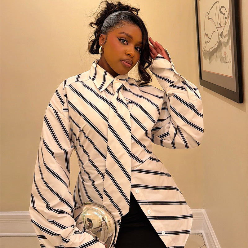 Striped Tie Neck Fitted Long Sleeve Button Down Shirt