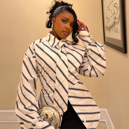 Striped Tie Neck Fitted Long Sleeve Button Down Shirt