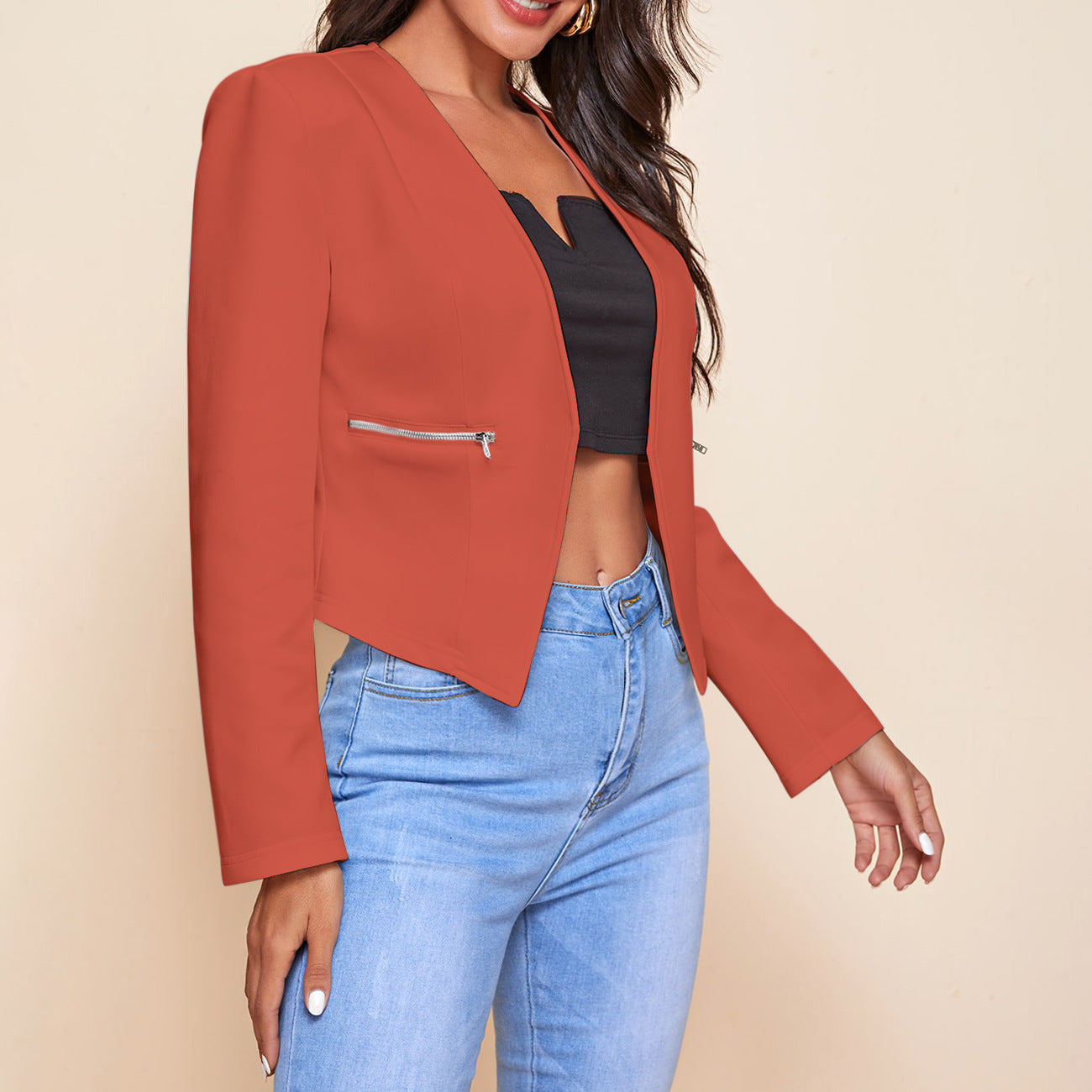 Women's Cropped Blazer Open Front Zip Pocket Jacket