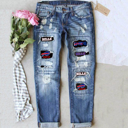 Customizable Distressed Patchwork Ripped Denim Jeans for Women